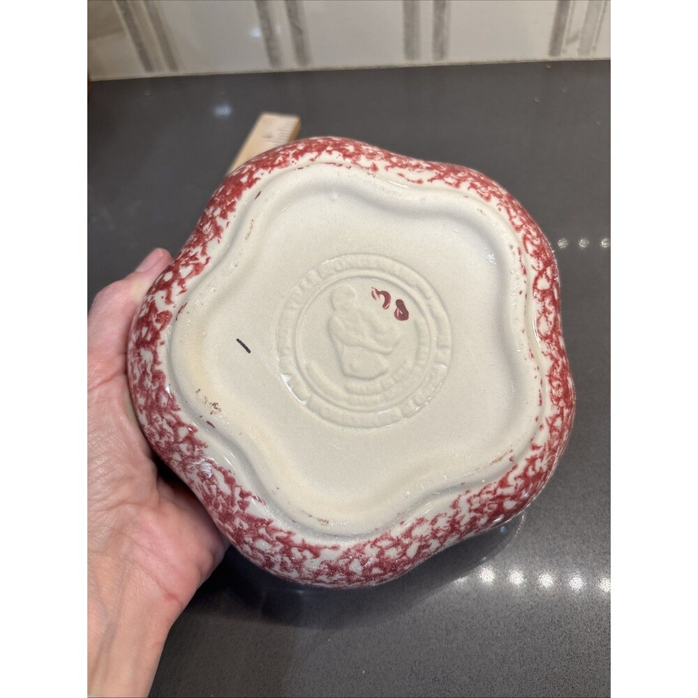 Vintage Red White Spongeware Spatterware Wavy Round Pottery Bowl USA Rustic 6” - Picture 5 of 11